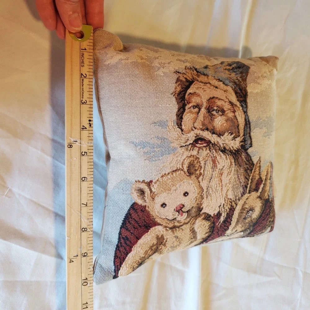 Vintage Christmas Tapestry small Throw Pillow Father Christmas Bear Rabbit 9x9